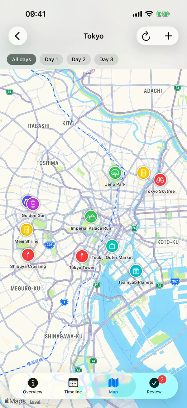 Map of color-coded places on iPhone
