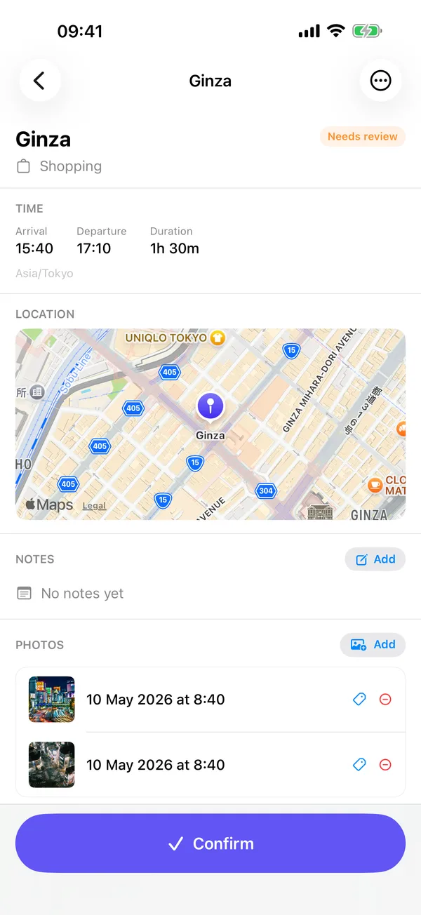 Stop detail with photos, times and map on iPhone